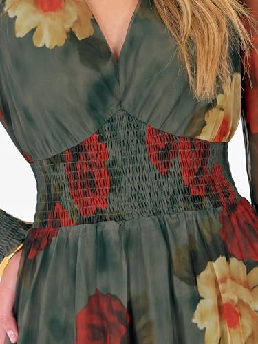 ANRABESS Women's Floral Maxi Dress 2025 Fall V Neck Puff Long Sleeve Flowy Casual Wedding Guest Tea Party Tulle Dresses