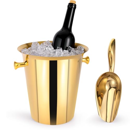 5 Liter Outdoor Gold Ice Bucket with Scoop, Stainless Steel Ice Bucket, Cocktail Bar Wine Party Beverage Cooler, Champagne...