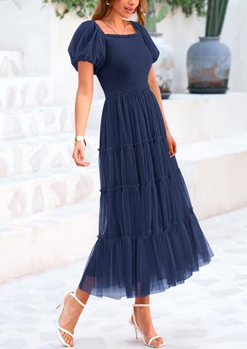 PRETTYGARDEN Women's Smocked Midi Tulle Dress 2026 Summer Puffy Short Sleeve Square Neck Ruffle Wedding Guest Party Dresses