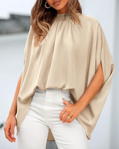 BTFBM Womens Summer Tops 2026 Mock Neck Batwing Sleeve Shirts Loose High Low Hem Oversized Dressy Casual Spring Blouses