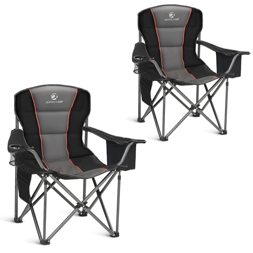 ALPHA CAMP Oversized Camping Folding Chair, Heavy Duty Support 450 LBS Steel Frame Collapsible Padded Arm Chair with Cup H...