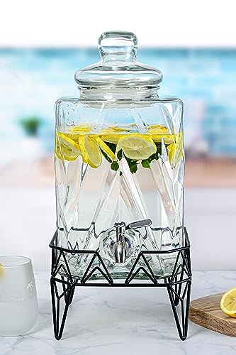 Glacial Ice Design Glass Beverage Dispenser with SS Spigot and Stand - 2.5 Gal