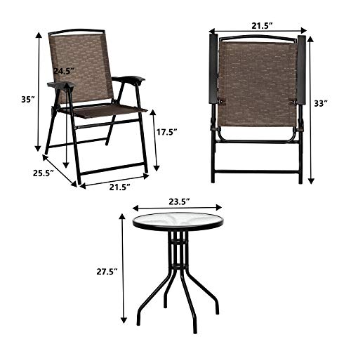 Tangkula 3 Pieces Patio Bistro Set, Outdoor Folding Chairs & Table Set with Tempered Glass Tabletop, Round Table & 2 Folda...