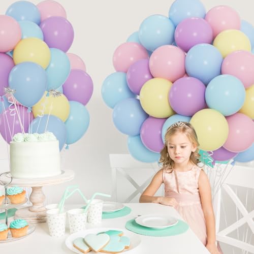 60pcs Pastel Balloons, 12inch Helium Rainbow Macaron Balloons (Pink, Teal, Blue, Purple, Yellow) for Daisy Baby Shower, Sp...