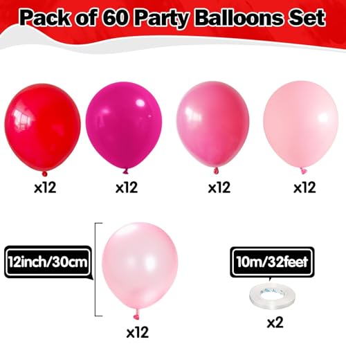 Red Pink Balloons 60 Pcs 12 Inch Fuchsia Hot Pink Rose Red Balloon Neon Pink Magenta Strawberry Berry Helium Balloons for ...