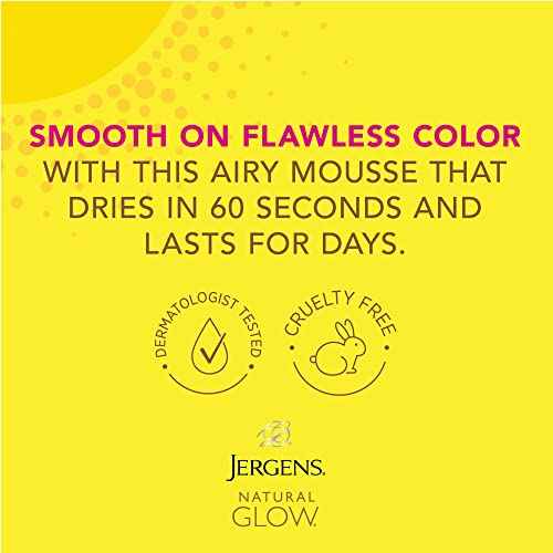 Jergens Natural Glow Instant Sun Body Mousse, Self Tanner for Deep Bronze Tan, Sunless Tanning Body Bronzer for Natural Looking Color Instantly, 6 Oz