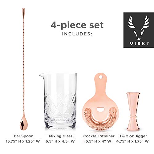 Viski Copper Bartender Kit 4pcs Set | Drink Mixers for Cocktails Gift Essentials: Mixing Glass, Hawthorne Strainer, Japane...