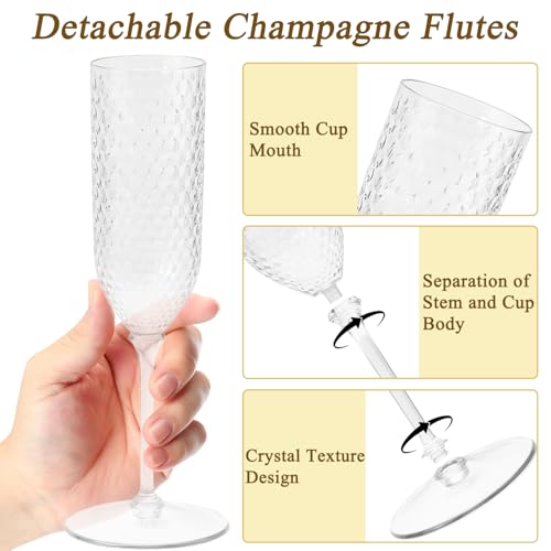 CrysParty 24 Pack Clear Champagne Flutes Plastic, 5.5oz Detachable Acrylic Champagne Glasses, Disposable Cocktail Drinking...