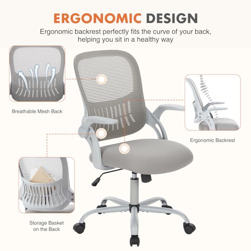 Sweetcrispy Home Office Managerial Executive Chair, Ergonomic Mesh Adjustable Swivel Mid-Back Chair with, Flip-up Arms, Co...
