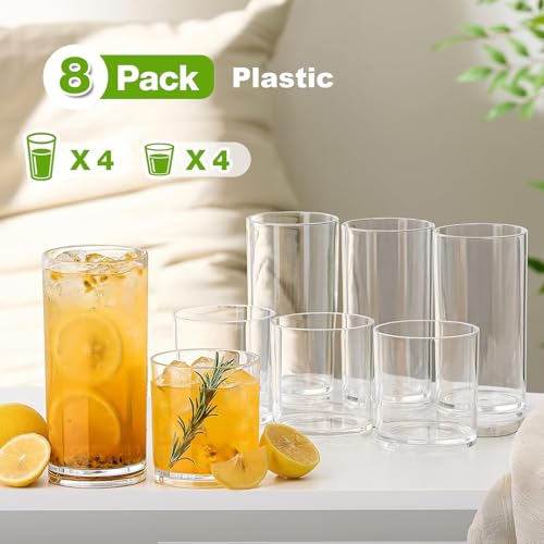 Plastic Drinking Glasses Set of 8, 14oz Rocks & 20oz Water Cups, Unbreakable Plastic Glasses Drinkware, Clear Kitchen Tumb...