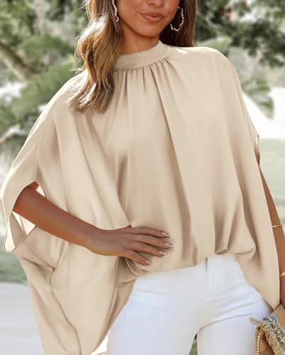BTFBM Womens Summer Tops 2026 Mock Neck Batwing Sleeve Shirts Loose High Low Hem Oversized Dressy Casual Spring Blouses