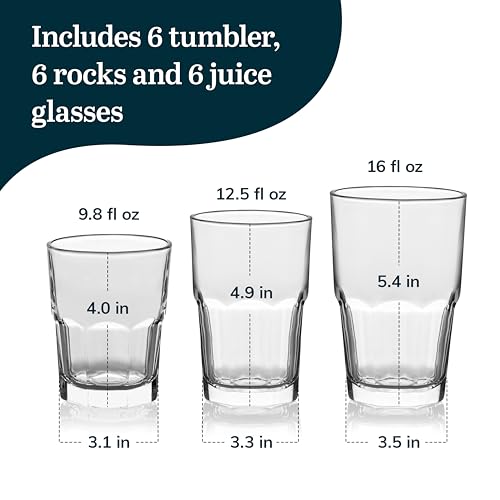 Libbey Boston Tumbler, Rocks, and Juice Glasses, 18 Piece Classic Stackable Glass Cups Set, Versatile, Kitchen Drinking Gl...