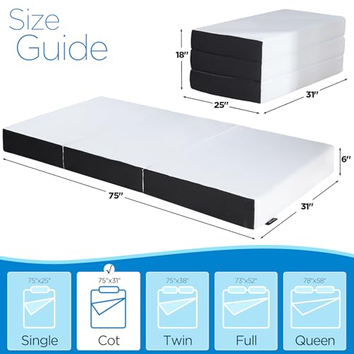 Roxzo 6" Cot Tri-Fold Memory Foam Folding Mattress Topper with Washable Cover - Cooling Mattress Pad for College Dorm, Sin...