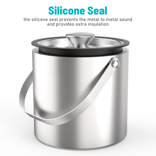 3L Stainless Steel Ice Bucket, Double Wall Insulated Ice Bucket with Lid, Drain Plate, Scoop, Tong for Parties Cocktail Bar