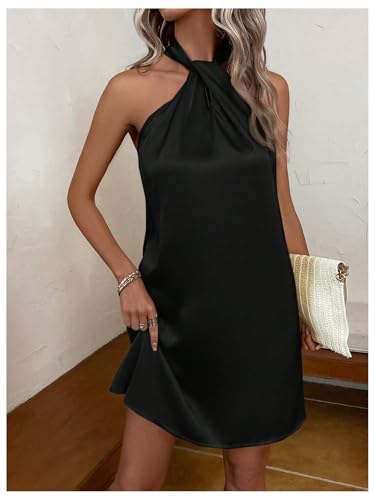 Floerns Women's Pearl Beaded Halter Twist Sleeveless Tie Back Dress A Line Dress