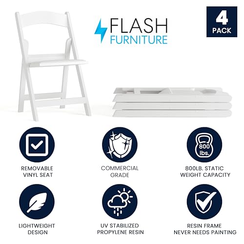 Flash Furniture Hercules Series Folding Chair - White Resin - Set of 4 800LB Weight Capacity Comfortable Event Chair - Lig...