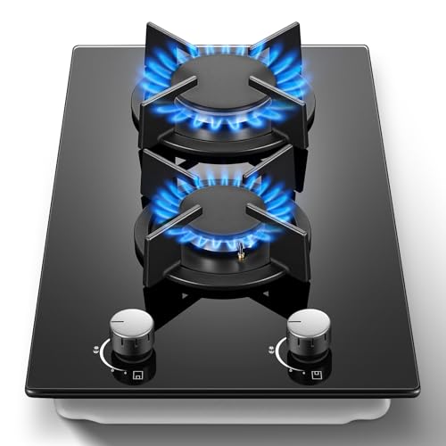 Gas Stove 2 Burner, Propane Cooktop 12 Inch, Built-in Gas Cooktop Black Tempered Glass Stove Top with Thermocouple Protect...