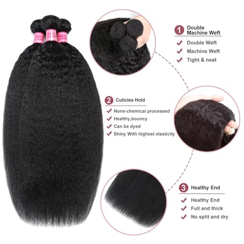 12A Kinky Straight Human Hair Bundles 20 20 20 Inch 100% Real Virgin Human Hair Yaki Straight Bundles Sew In Human Hair Extension for Black Women Natural Color