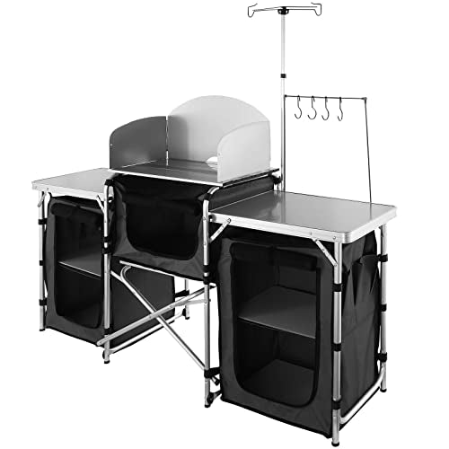 VEVOR Camping Kitchen Table, Folding Outdoor Cooking Table with Storage Carrying Bag, Aluminum Cook Station 3 Cupboard & D...