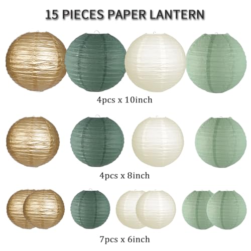 zilue Paper Lanterns Decorative, Round Hanging Paper Lanterns Decorations for Rustic Party Bridal Shower Wedding Sage Gree...