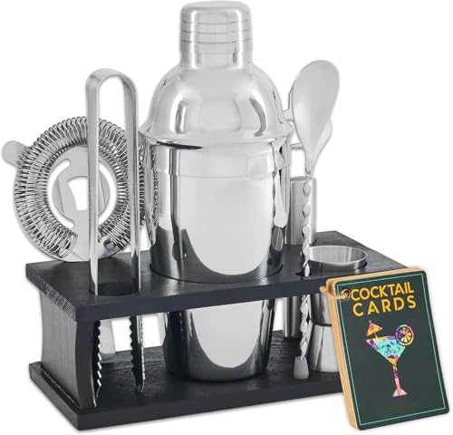 8-Piece Cocktail Shaker Set, Bartender Kit with Black Wood Stand, Stainless Steel Bar Tool Set for Drink Mixing Home Barte...