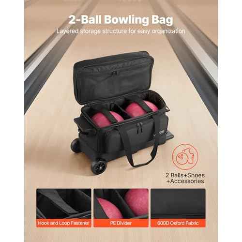 VEVOR Bowling Ball Bag, 2 Ball Four Roller Bowling Bag with Wheels, Featuring a Separate Compartment for Shoes (Up To US Size 16) & Oversized Accessory Pocket, Retractable Handle Extends to 37.4 in