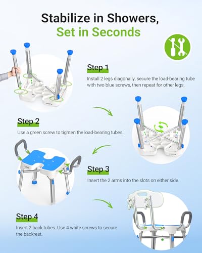 Ergonomic H-Shaped Shower Chair for Elderly and Disabled with Padded Back & Arms,500 lbs Heavy Duty Adjustable Shower Stoo...