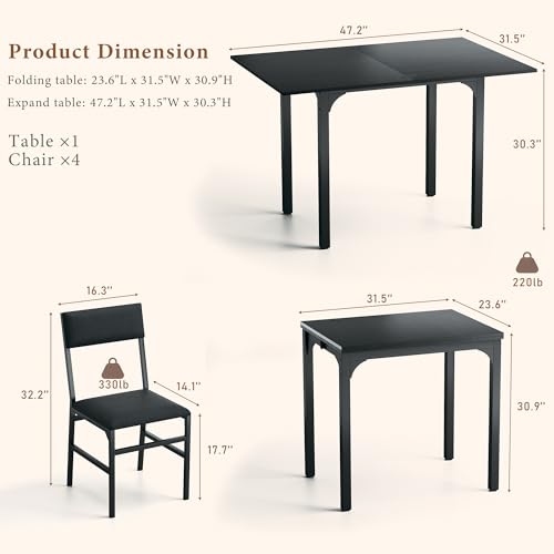 HUAHUU Dining Table Set for 4, Extendable Kitchen Table Cushion Chairs Set of 4, Rectangle Dining Table with Metal Frame &...