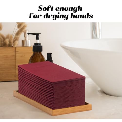 KAMMAK Burgundy Napkins Disposbale Wine Red Cloth like Paper Dinner Napkins with Pocket 100 Pack Guest Hand Towel for Part...