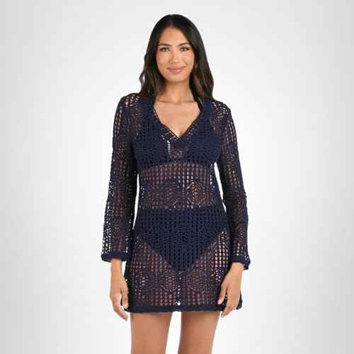 La Blanca Women's Long Sleeve Mini Dress Swimsuit Cover Up, Indigo//Waverly Covers, Large