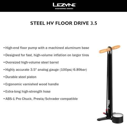 LEZYNE Steel HV Floor Drive 3.5 High Volume Bicycle Floor Pump with Accurate 3.5" Analog Gauge - Durable 100 PSI Tire Air Pump for Mountain/Gravel Bikes - ABS-1 Pro Chuck Fits Presta/Schrader Valve