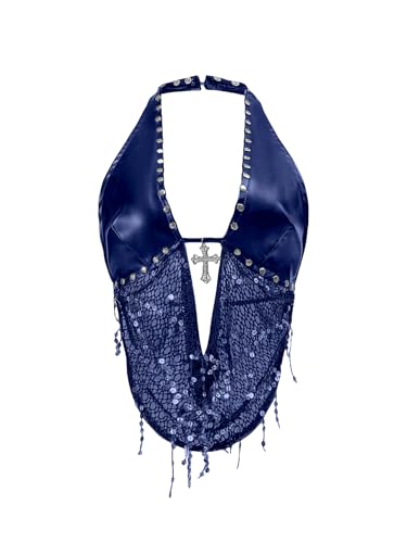 SOLY HUX Women's Gothic Grunge PU Leather Sparkly Halter Crop Top Y2k Deep V Neck Vest Rave Outfits