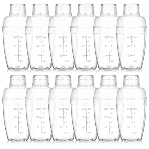 12 Pcs Plastic Cocktail Shaker Drink Mixer with Scales and Strainer Top Clear Shaker Cup with Measurement Plastic Bar Mixi...