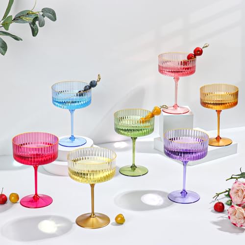 HKSZEH 24 PCS Ribbed Coupe Glasses with Gold Stem Clear Plastic Champagne Coupe Cup 10oz Detachable Gold Rim Espresso Mart...