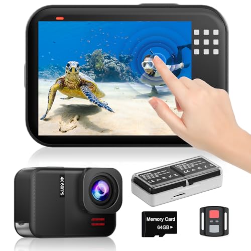 TIMNUT 4K60fps Waterproof Action Camera- Bare Metal Underwater 10M with 64G SD Card, HD 48MP Touchscreen Sports 6-Axis Sta...
