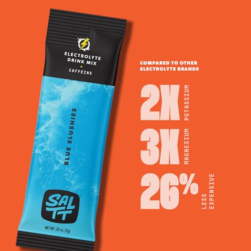 SALTT Electrolytes Powder Flavored Drink Mix - Blue Slushies - 90 Hydration Packets - 100mg Caffeine - Magnesium, Potassiu...