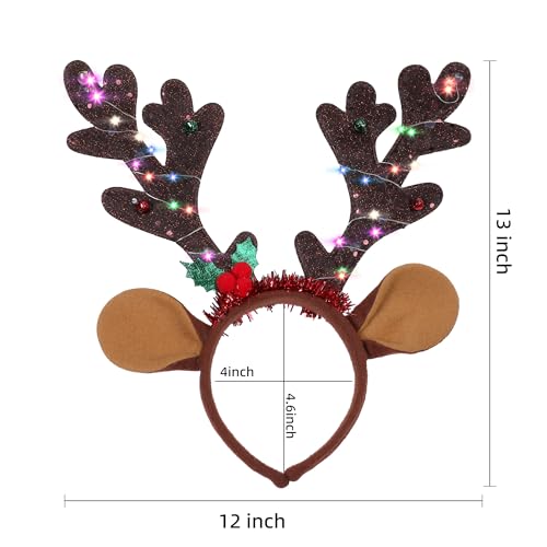 Xinoe 3 Pcs Christmas Antler Headband with LED Lights for Christmas Parties and Festive Decorations