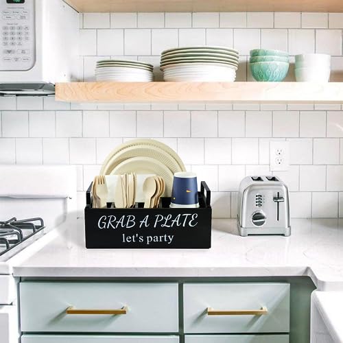 Paper Plate Holder, Utensil Caddy Organizer, Wood Paper Plate Dispenser, Silverware Caddy Holder, and Disposable Coffee Ba...