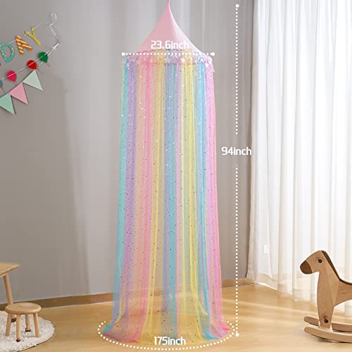 MOOZHEALTH Rainbow Bed Canopy for Girls,Shiny Kids Princess Round Dome Bed Curtain with Star Moon Glitter,Kids Crib Canopy...