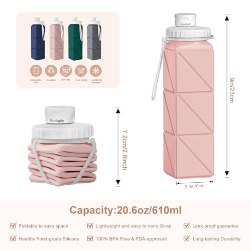 Popdigito Collapsible Water Bottles, Portable Lightweight Reusable Leak-Proof BPA-Free Silicone Foldable Water Bottle for ...