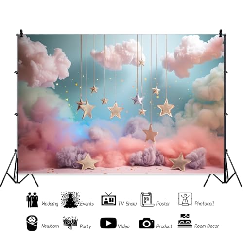 Leowefowa 8x6ft Pink Cloud Starry Stars Backdrop Sweet Princess Birthday Girl Baby Shower Party Decorations Photography Ba...