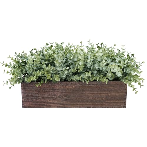 Winlyn 14" Artificial Eucalyptus in Rectangular Wood Planter Box Faux Plants Arrangement Centerpiece Wooden Potted Eucalyp...