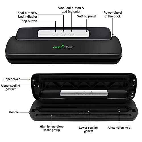 NutriChef Automatic Handheld Sealer Vacuum Machine -Storage for Dry or Moist Product Home Kitchen Heat Sealing System -Simple & Compact Fresh Saver Meal -Food Plastic Roll Bag Starter Kit -AZPKVS10BK