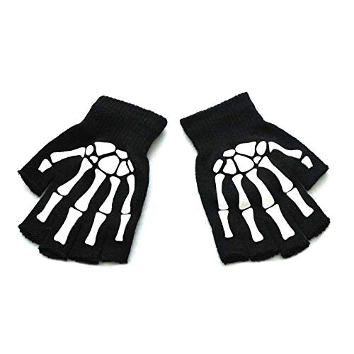 caralin Unisex Adult Halloween Skeleton Skull Half Finger Gloves Glow in the Dark Fingerless Stretch Knitted Winter Mittens Black