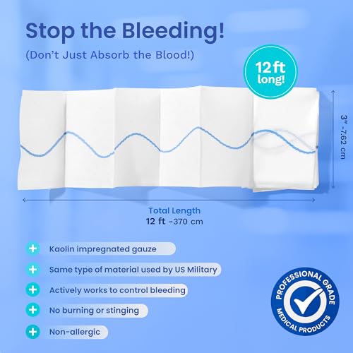 AllaQuix Advanced Kaolin Hemostatic Gauze – Z-Fold Sterile Clotting Bandage (3" x 12 ft, 1-Pack) | Stops Bleeding Fast for...