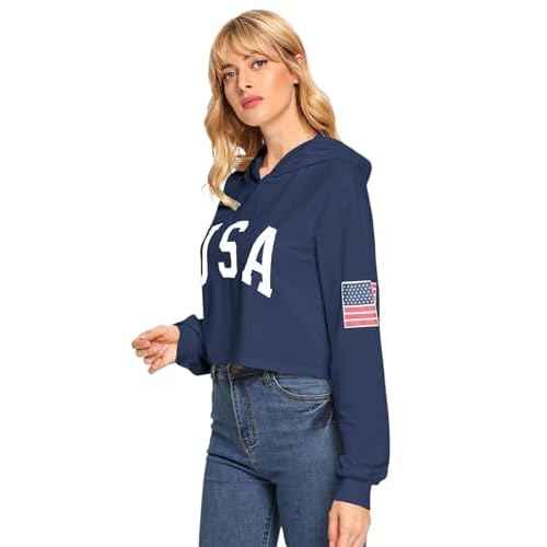 SweatyRocks Women's American Flag Long Sleeve Hoodies Letter Graphic Crop Top Hooded Sweatshirts