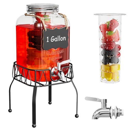 OneDream Glass Drink Dispenser for Parties, 1Gallon Beverage Dispenserd with Stand, Lemonade Dispenser with Stainless Stee...