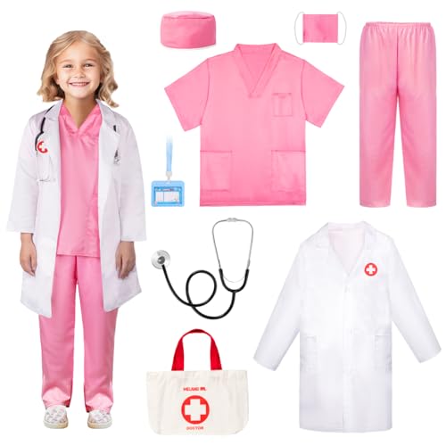 Meland Doctor Costume for Girls - Kids Scrubs with Lab Coat & Carry Bag, Doctor Dress Up for Halloween, Career Day Role Play