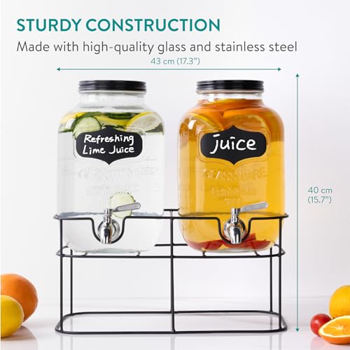 Navaris Glass Double Jar Drink Dispenser with Tap - Includes Metal Stand - For Cocktail Drinks, Lemonade, Water or Beverag...