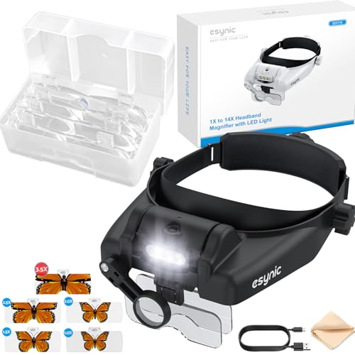 eSynic Type-C Rechargeable Magnifying Glasses Headset-Up to 14X Magnification-5 Interchangeable Lens-3 LED Lights -2 Adjus...